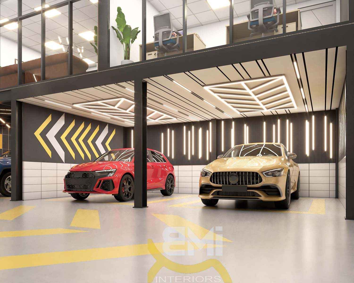 3d image of car wash area interior with glass partition, 2 luxury cars parked under the partition